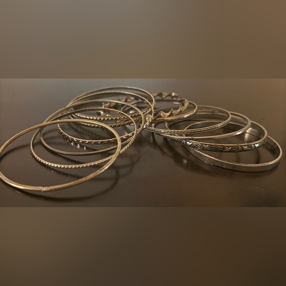 Silver Tone Bangle Bracelet Set 12 Piece Stackable Mixed Metal Bundle - Picture 3 of 3